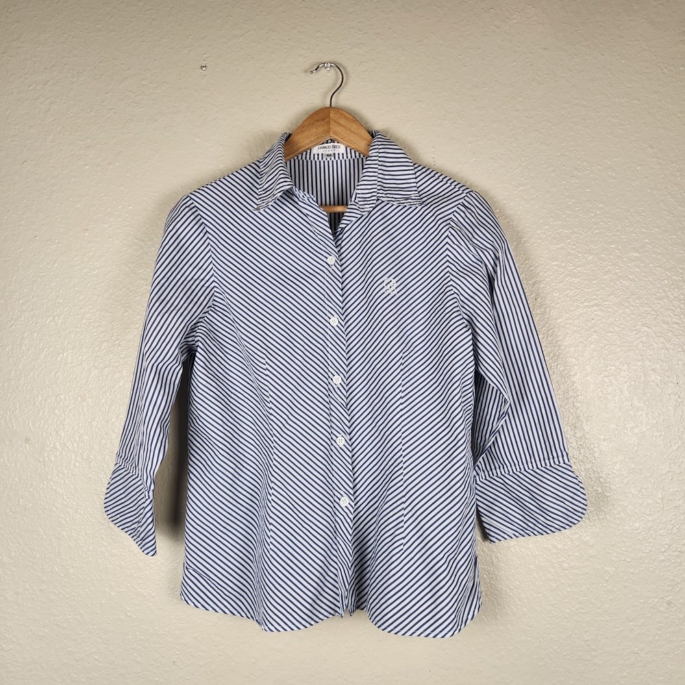 Georges Rech Womens Button Up Shirt 44 Blue White Striped 3/4 Sleeve Parisian...